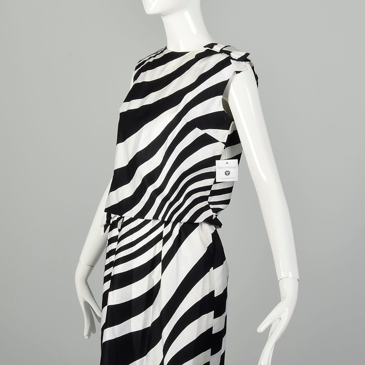 Small 1960s L'Aiglon Dress Black and White Striped Op Art Blouson Sleeveless Summer