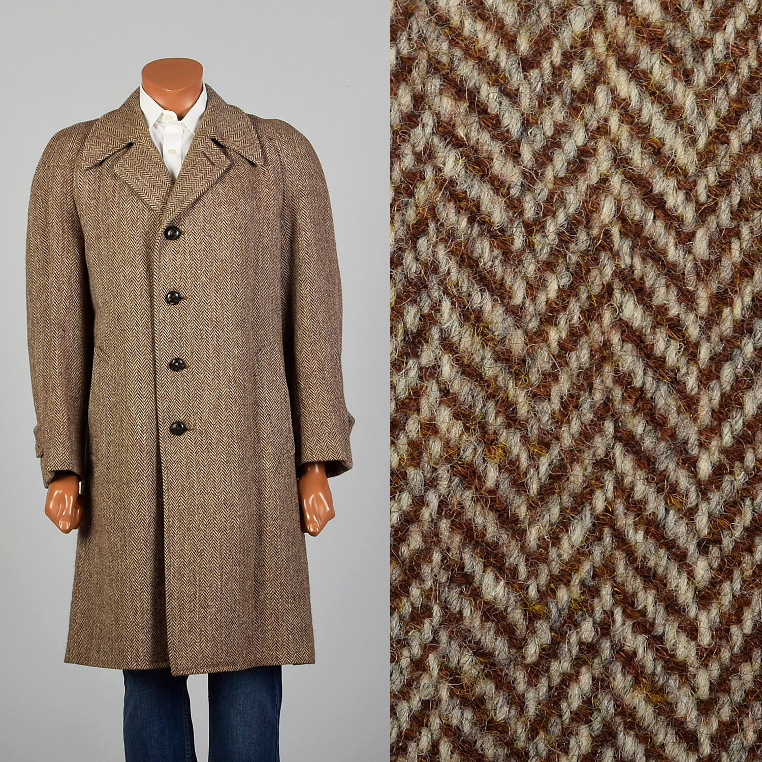 41 Medium 1950s Mens Brown Wool Tweed Coat