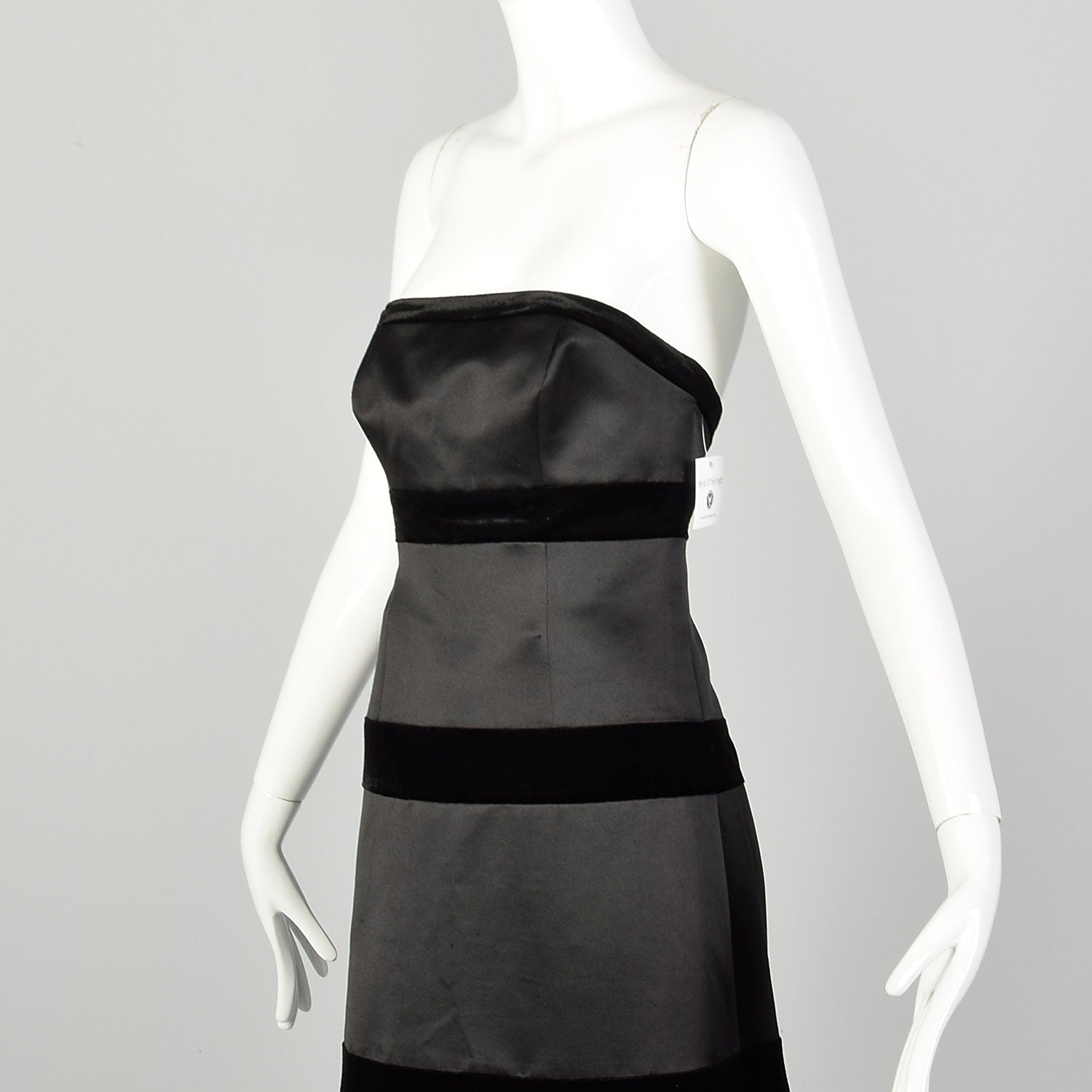 XS 1980s Dress Black Strapless Velvet Stripe Formal Evening Gown