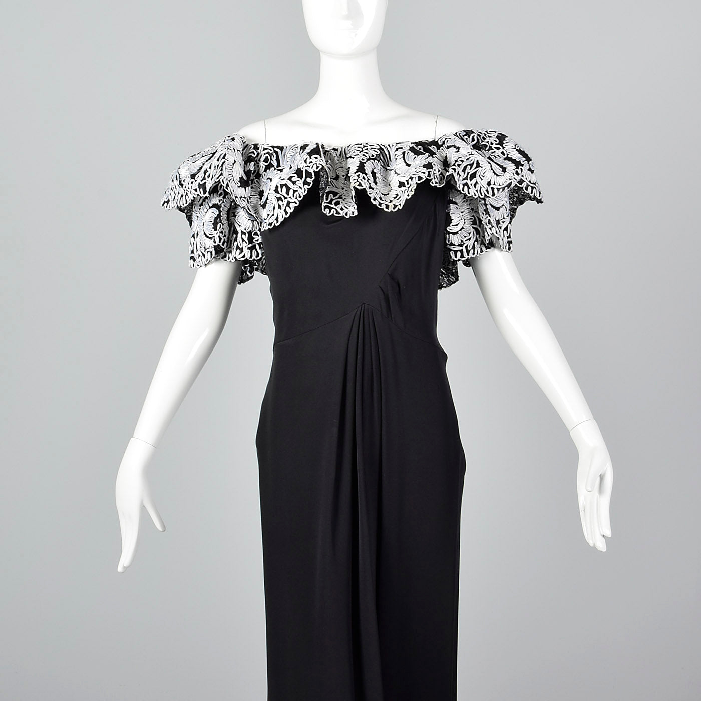 Bob Mackie Off Shoulder Full Length Black Pencil Dress with Raffia Trim