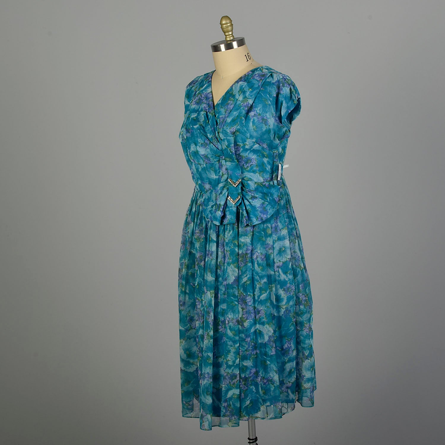 XL 1950s Dress Blue Short Sleeve Floral Volup Cocktail Party