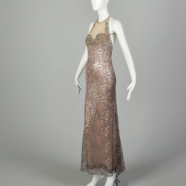 Bob Mackie Backless Formal Gown Metallic Silver Lace Evening Dress