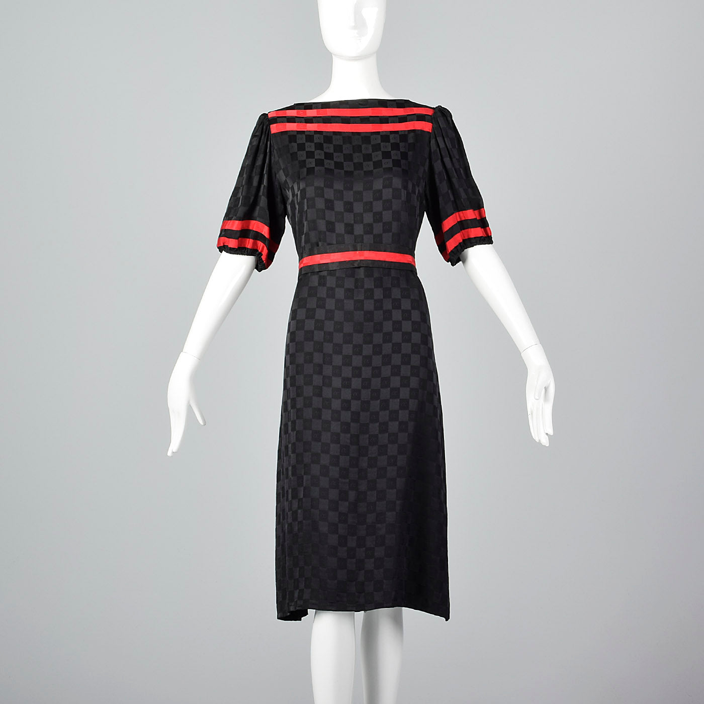 1980s Oleg Cassini Black Silk Dress with Red Trim