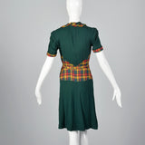 1930s Green Dress with Colorful Plaid Trim