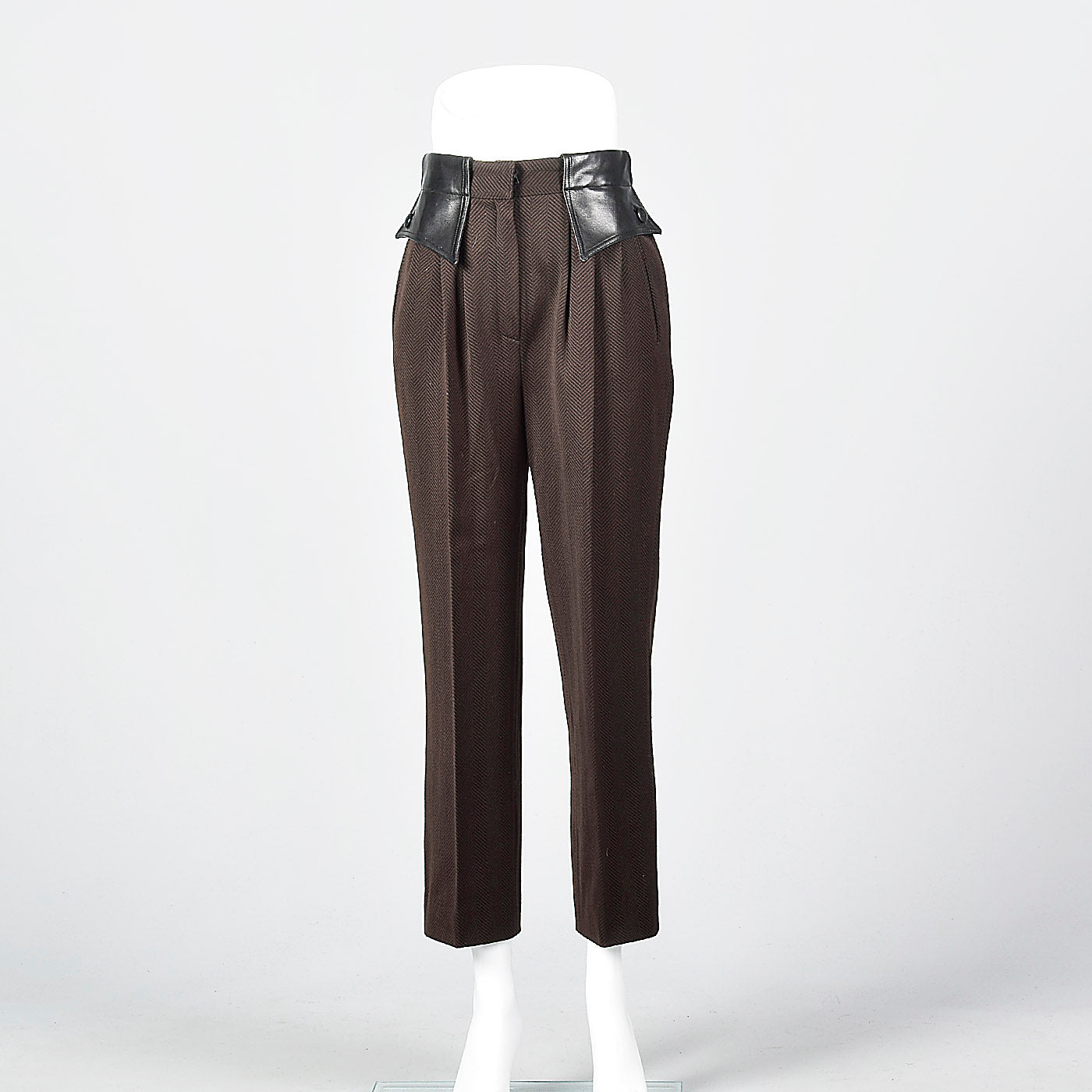 1980 Brown and Black Herringbone Pants with Leather Trim