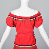 1950s Bohemian Off Shoulder Dress in Red Cotton