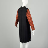XL 1960s Color Block Shift Dress Long Sleeve Lattice Print