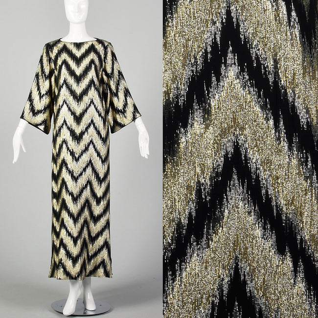 Small 1970s Metallic Kaftan Wide Sleeve Flowy Gold and Black Maxi Dress