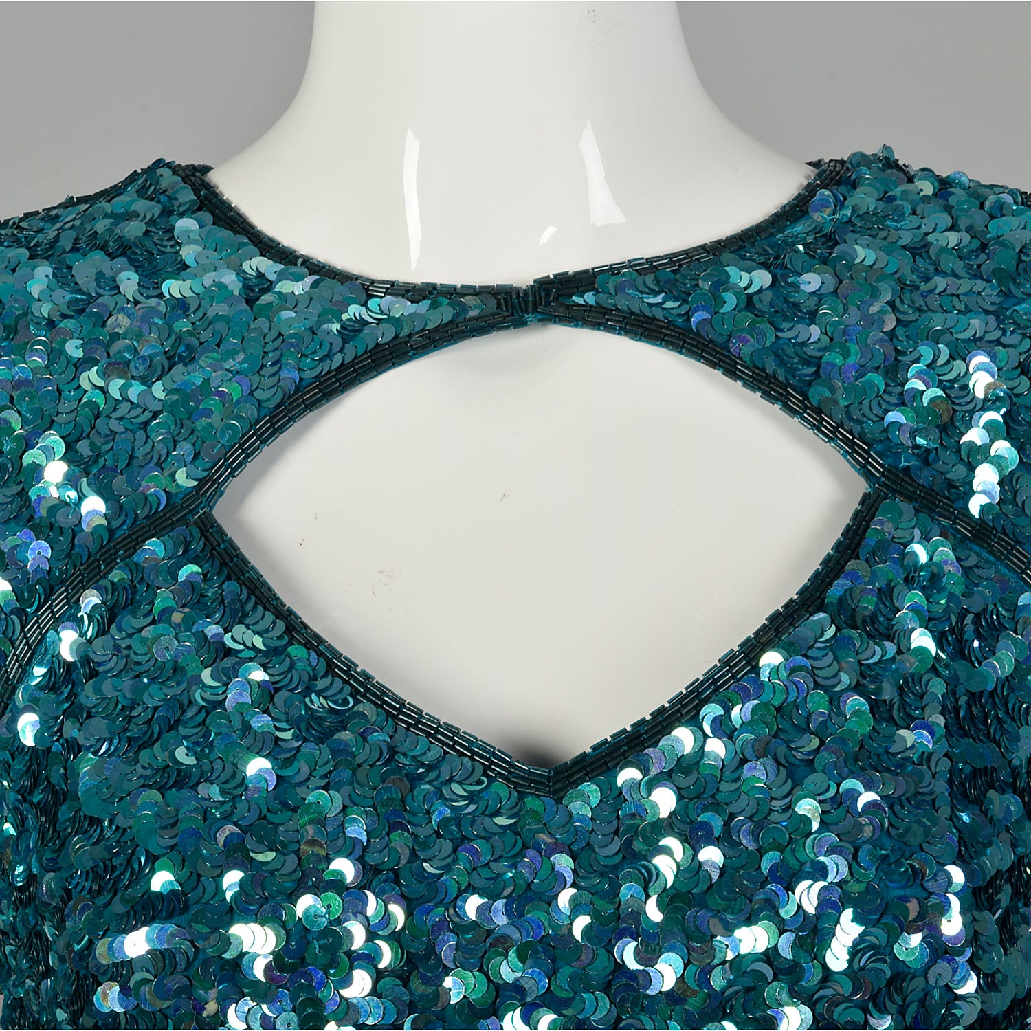 Small Sequin Cocktail Party Dress Teal Blue Short Sleeve Key Hole Bust