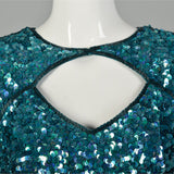 Small Sequin Cocktail Party Dress Teal Blue Short Sleeve Key Hole Bust