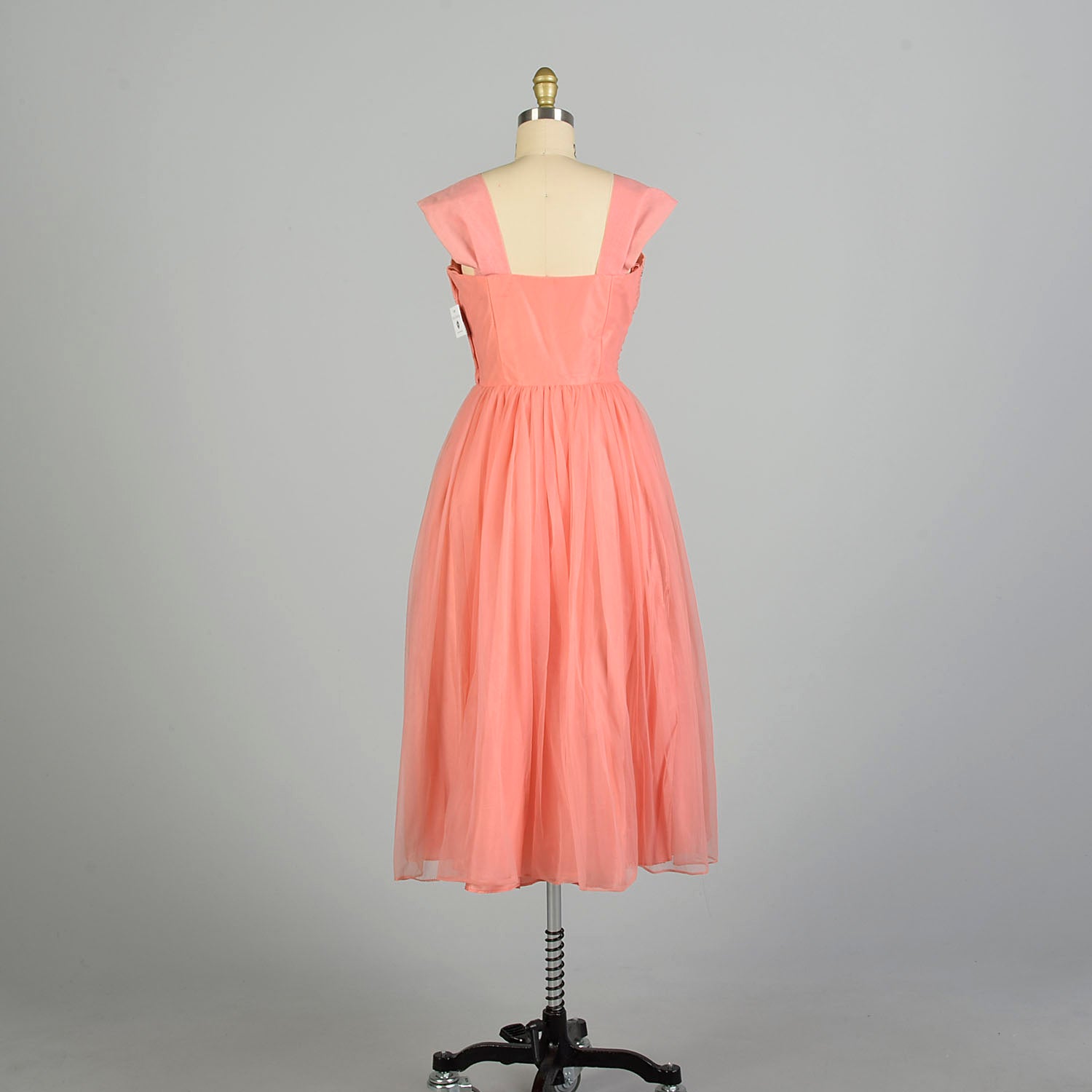 Small 1950s Pink Coral Prom Dress Bead Embellished Ruched Chiffon Bodice