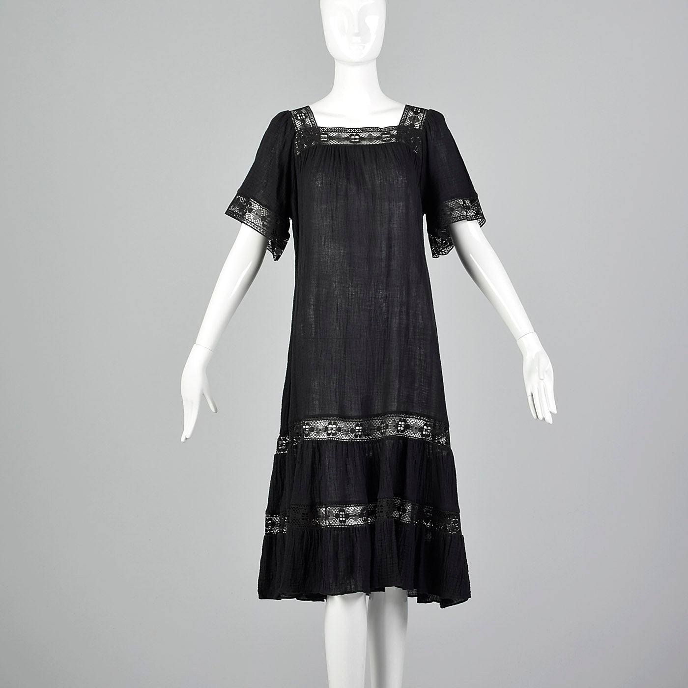 1970s Black Gauze Dress with Lace Trim