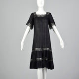 1970s Black Gauze Dress with Lace Trim