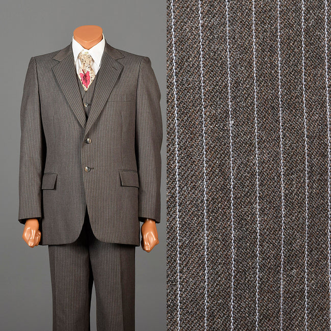 1970s Mens Three Piece Suit in Brown Pinstripe