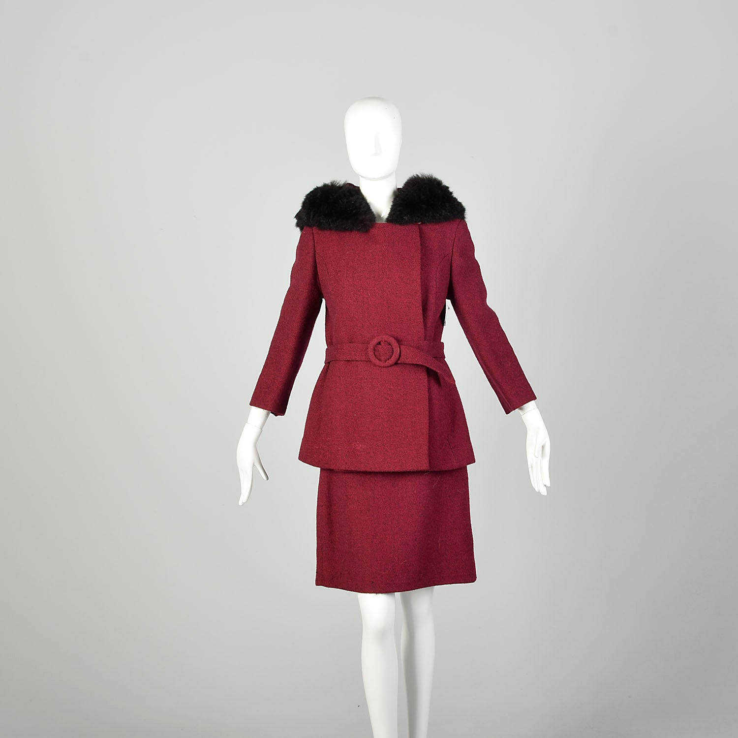 Small 1970s Raspberry Pencil Skirt Winter Coat Tweed Winter Ensemble