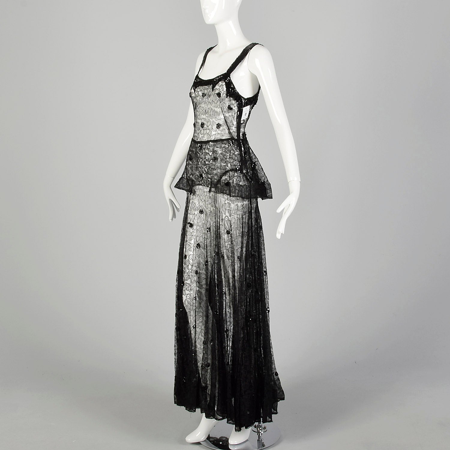 Small 1930s Black Lace Peplum Dress Sheer Sleeveless Gown Style & Salvage Small 1930s Black Lace Peplum Dress Sheer Sleeveless Gown Style & Salvage