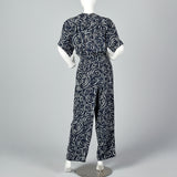 1980s Albert Nipon Navy Silk Print Jumpsuit