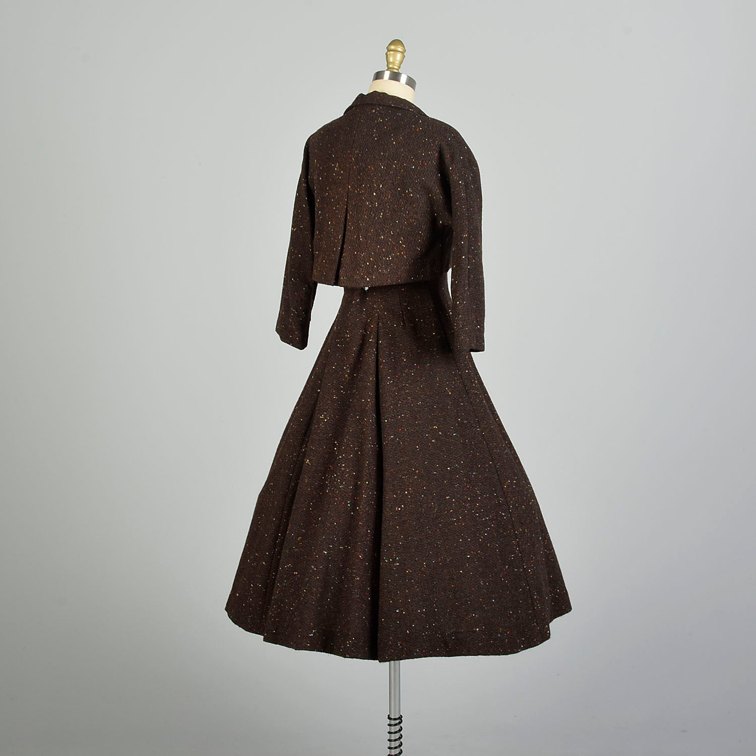 Small 1950s Wool Rainbow Fleck Set Brown Winter Jacket Dress Tweed Ensemble