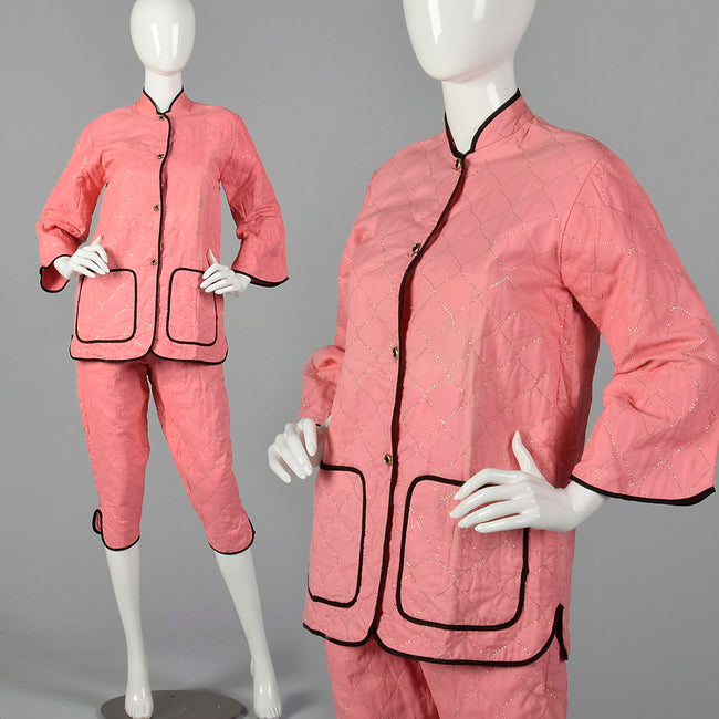 1950s Pink Quilted Pajama Set with Gold Topstitching