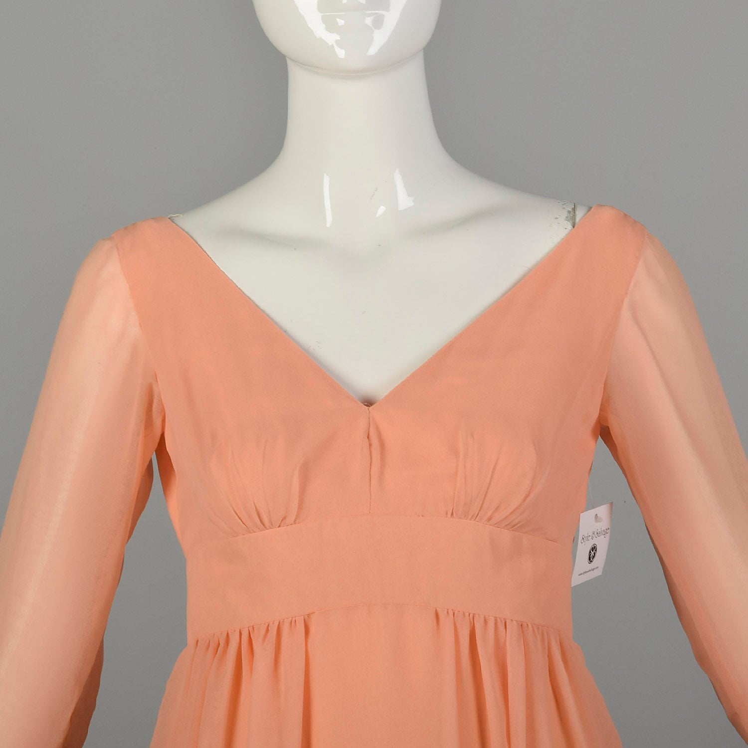 XS 1960s Lillie Rubin Sherbet Gown Maxi Evening Dress Flowy Modest Orange Pastel Long Sleeve Ruffle