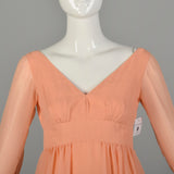 XS 1960s Lillie Rubin Sherbet Gown Maxi Evening Dress Flowy Modest Orange Pastel Long Sleeve Ruffle