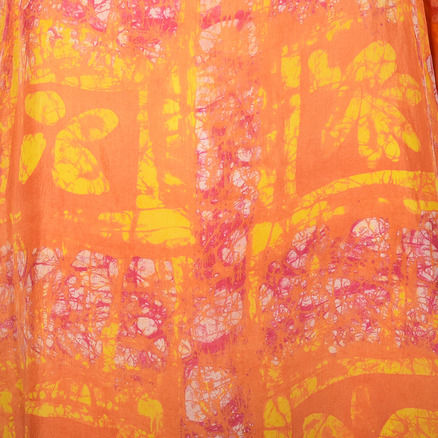One Size 1970s Orange Yellow Abstract Batik Style Psychedelic Print Dress