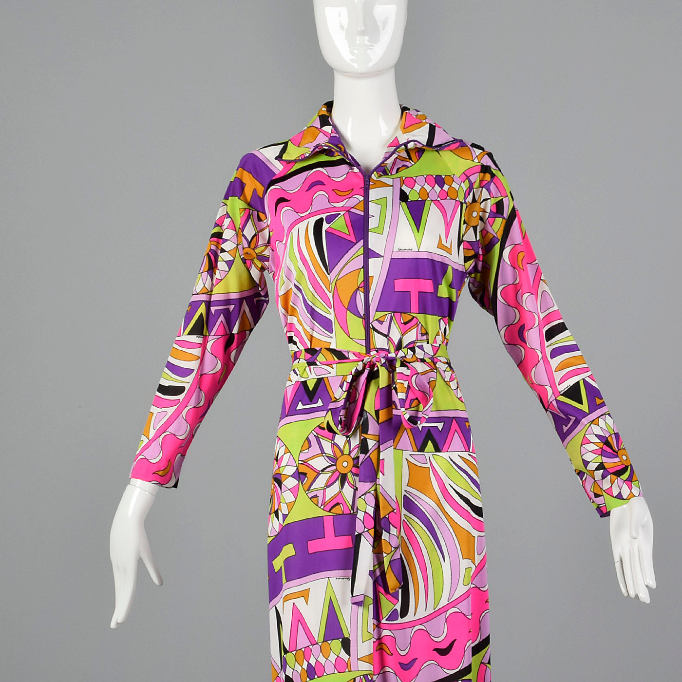 1970s Saks Fifth Avenue Nylon Lounge Dress with Zip Front