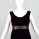 1960s Brown Velvet Dress with Satin Ribbon Waist and Hem