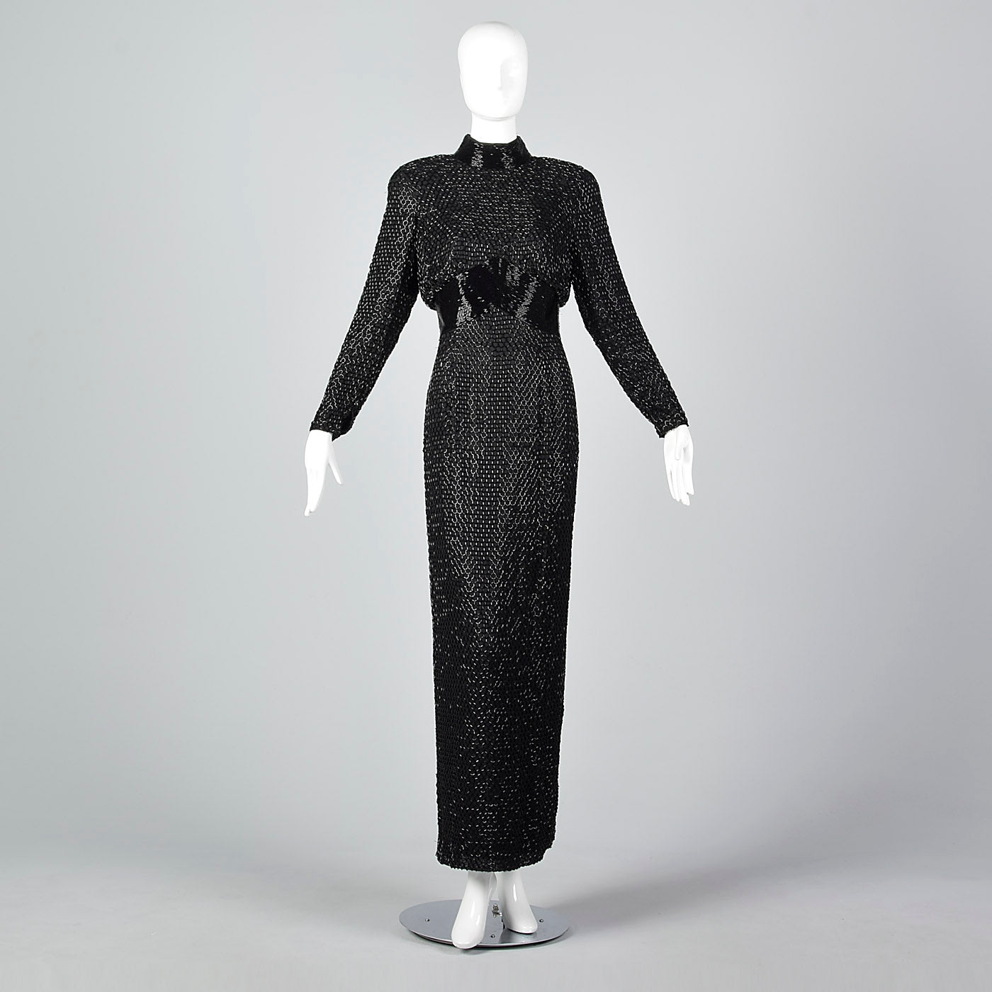 1980s Oleg Cassini Silk Beaded Black Evening Dress