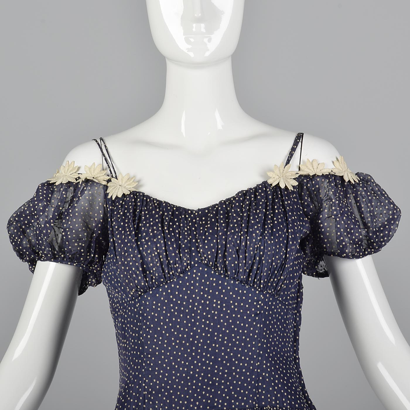 1940s Blue Flocked Swiss Dot Dress