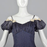 1940s Blue Flocked Swiss Dot Dress