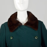 Medium 1960s Green Coat Double Breasted Autumn Outerwear with Mink Fur Collar