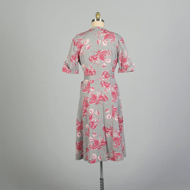 XXL 1950s Seersucker Wrap Dress Novelty Print Grey Hot Pink Casual Summer Day Dress House Dress