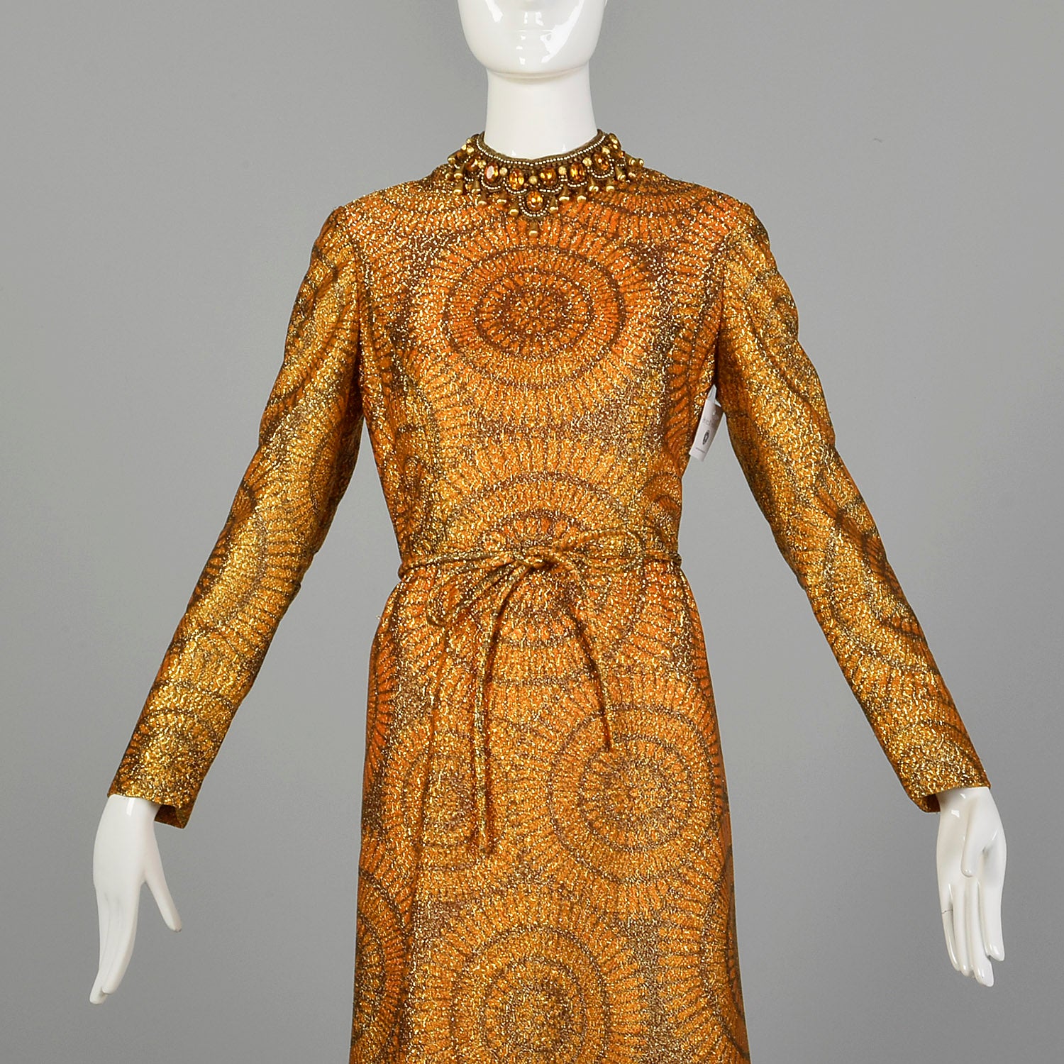 1970s Adele Simpson Evening Dress Metallic Orange Formal Gown with Long Sleeves