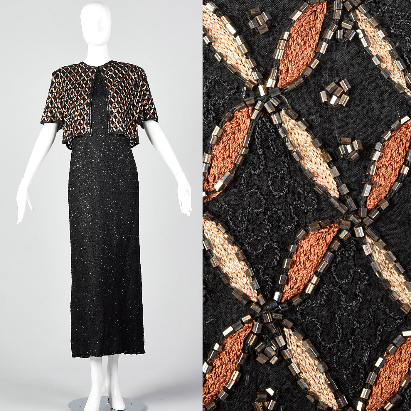 1990s Black Beaded Faux Jacket Maxi Dress