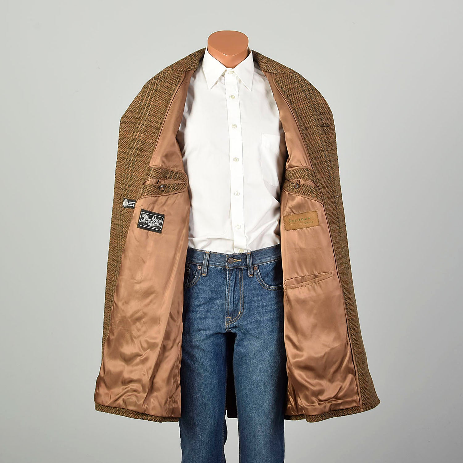XL 1970s Jacket Brown Plaid Herringbone Wool Tweed Winter Car Coat