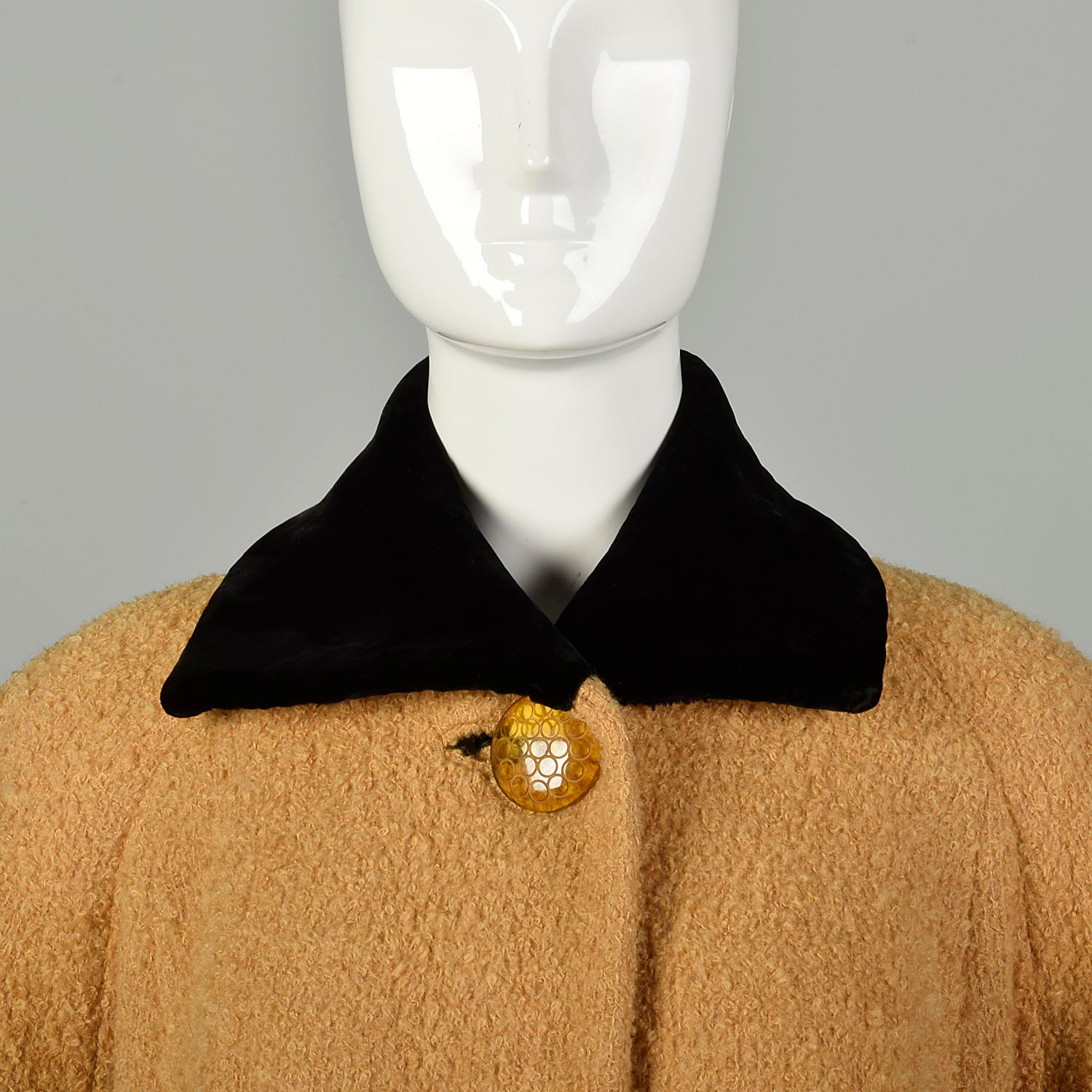 Large 1950s Swing Coat Mustard Yellow Boucle Wool Wind Cuffs Wide Sleeves Velvet Collar