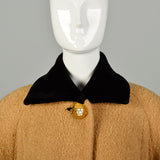 Large 1950s Swing Coat Mustard Yellow Boucle Wool Wind Cuffs Wide Sleeves Velvet Collar