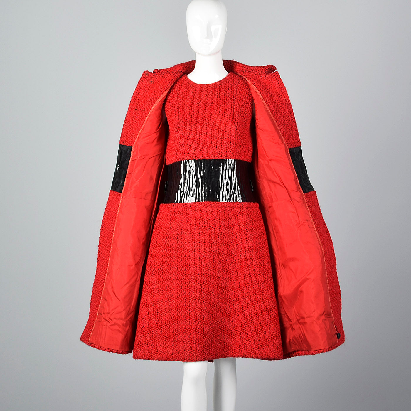 1960s Via Veneto Couture Boutique Red Tweed Space Age Dress & Coat Set