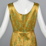 1960s Two Piece Dress  and Jacket Set in Mustard and Green Satin