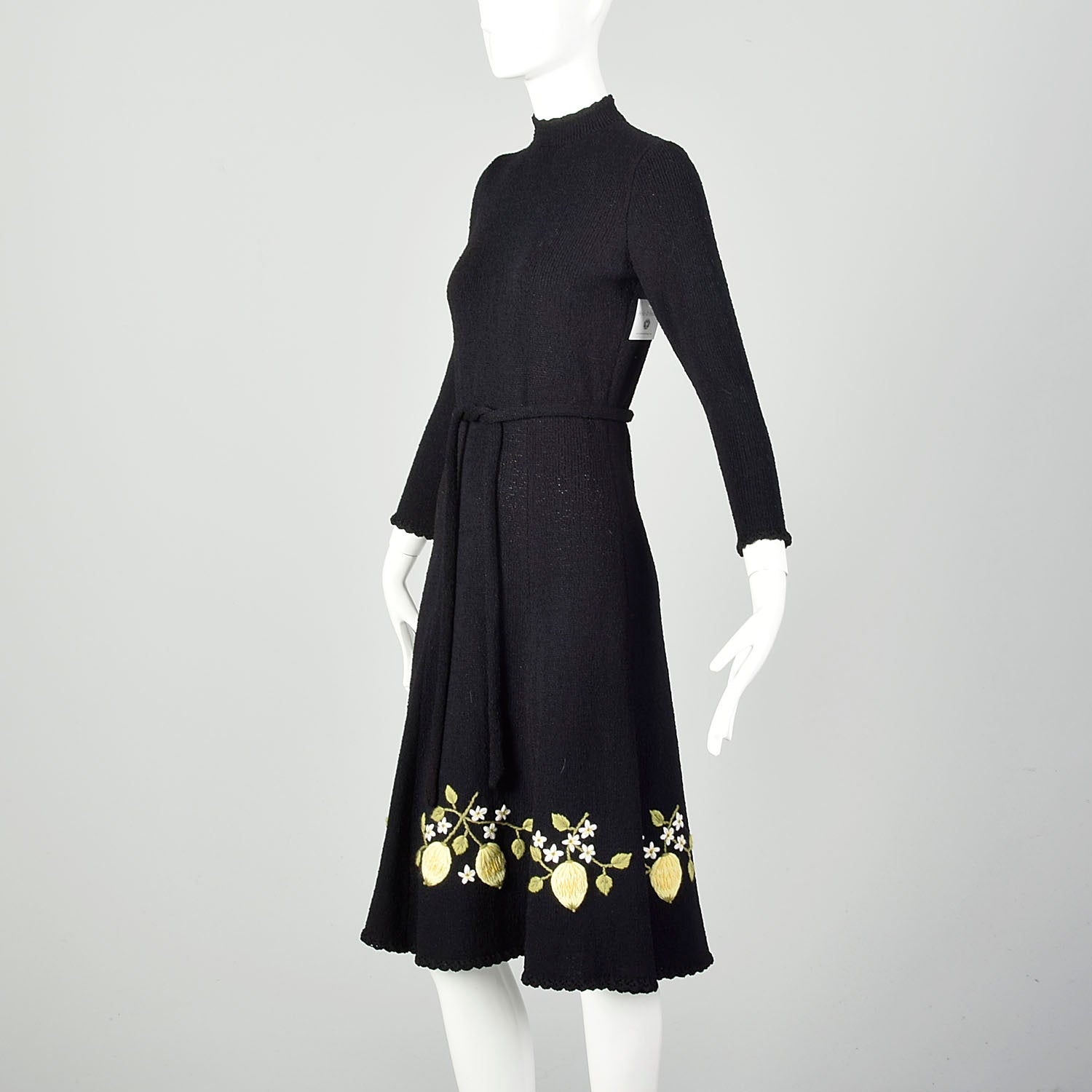 Medium 1970s Black Dress Yellow Floral Embroidery Long Sleeve Tie Waist Knit