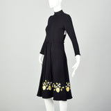 Medium 1970s Black Dress Yellow Floral Embroidery Long Sleeve Tie Waist Knit