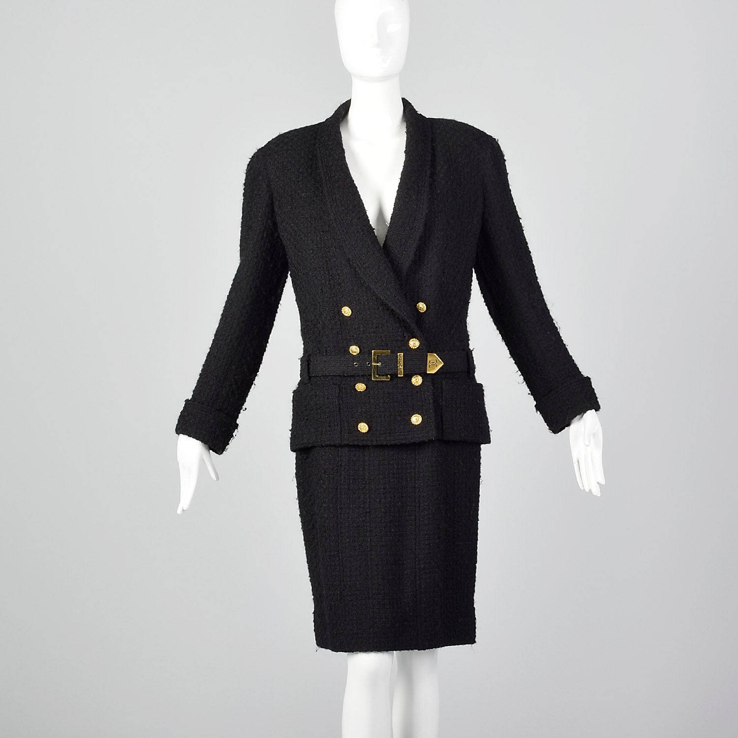 CHANEL Boutique 1990s Classic Black Wool Bouclé Jacket and Skirt