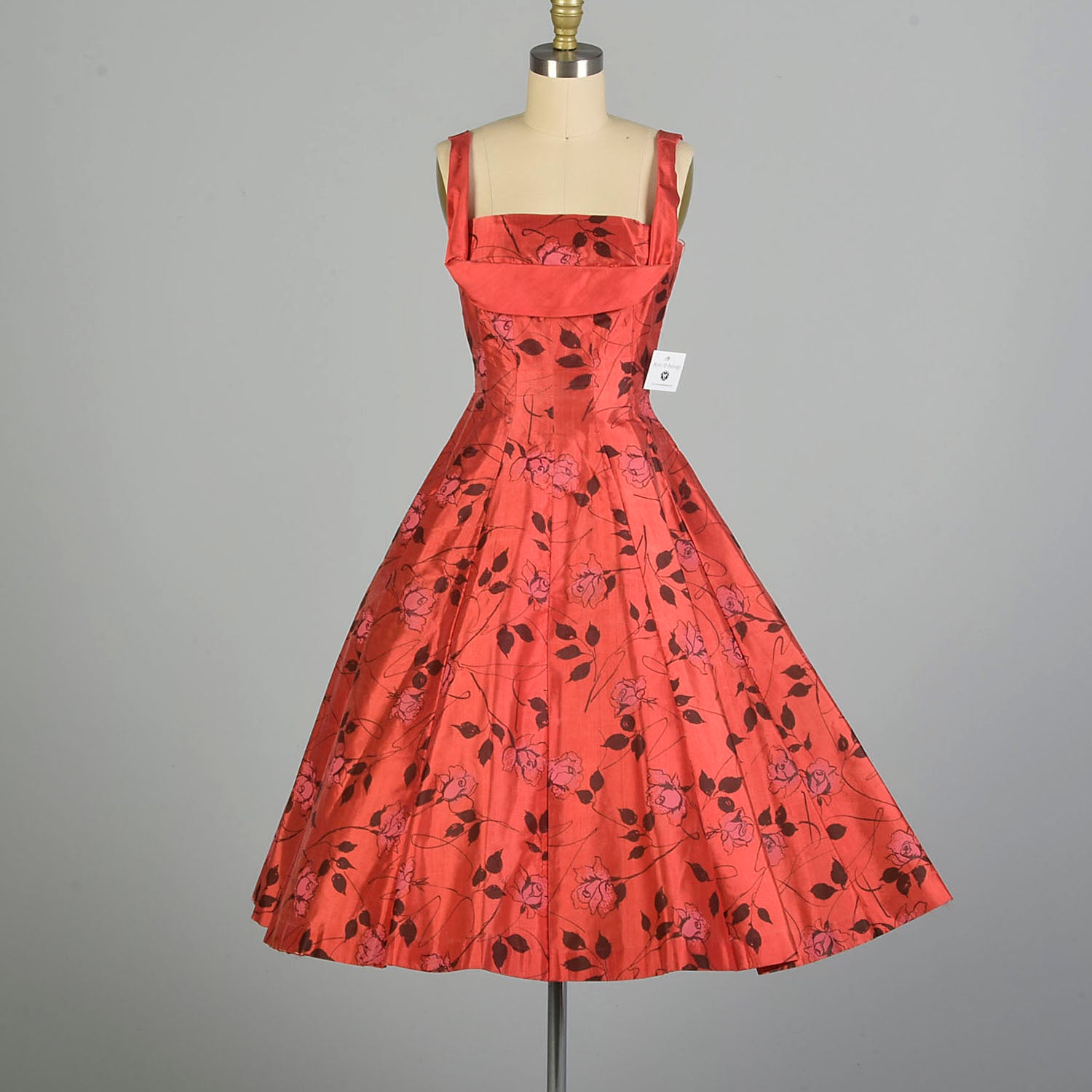 XS 1950s AS IS Red Fit & Flare Novelty Rose Print Shelf Bust Cocktail Dress