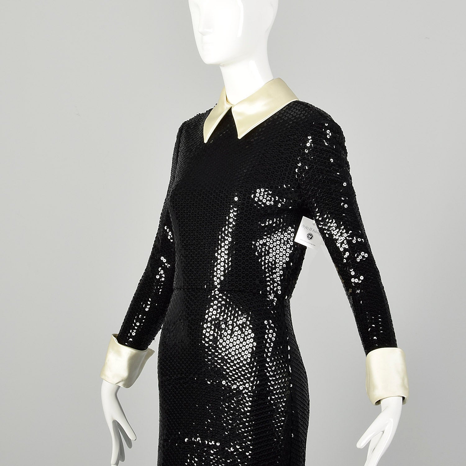 Small 1970s Kiki Hart Dress Disco Black Sequin Maxi Long Sleeve Evening Gown