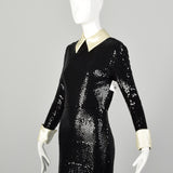 Small 1970s Kiki Hart Dress Disco Black Sequin Maxi Long Sleeve Evening Gown