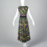1970s Black Floral Maxi Dress