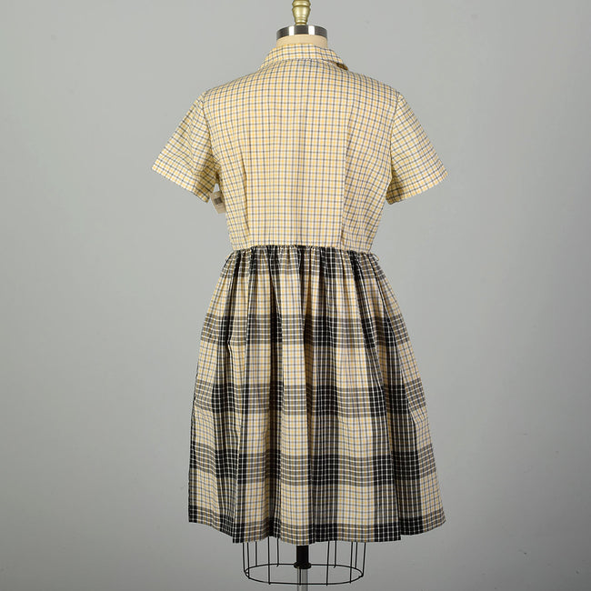 XL 1950s Yellow Cotton Day Dress Black Plaid Short Sleeves Casual Volup