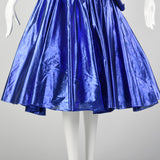 XXS 1980s Blue Lamé Prom Dress Asymmetric Black Velvet Full Skirt