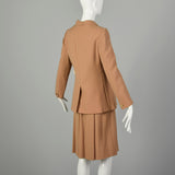 Small 1970s Suit Minimalist Camel Pleated Skirt 2pc Blazer Ensemble
